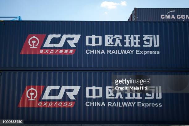Containers from China are seen in the Duisburg port on July 16, 2018 in Duisburg, Germany. Approximately 25 trains a week use the "Silk Road"...