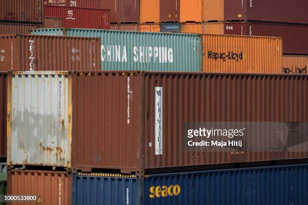 Containers from China are seen at terminal in the Duisburg port on July 16, 2018 in Duisburg, Germany. Approximately 25 trains a week use the "Silk...