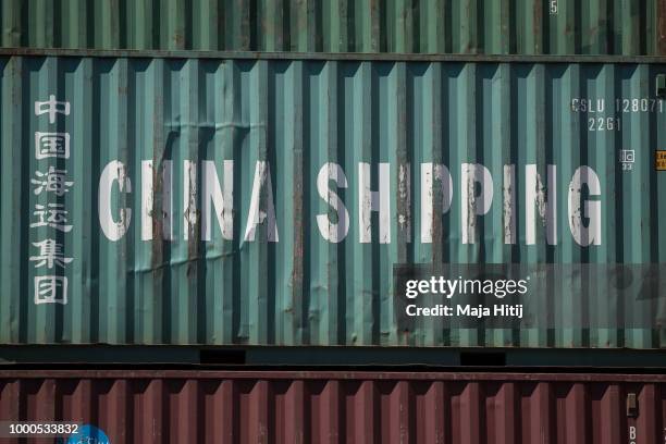 Container from China is seen at terminal in the Duisburg port on July 16, 2018 in Duisburg, Germany. Approximately 25 trains a week use the "Silk...