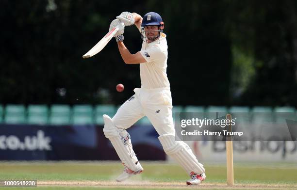 Alastair Cook of England Lions bats during Day Two of the Tour Match match between England Lions and India A at New Road on July 17, 2018 in...