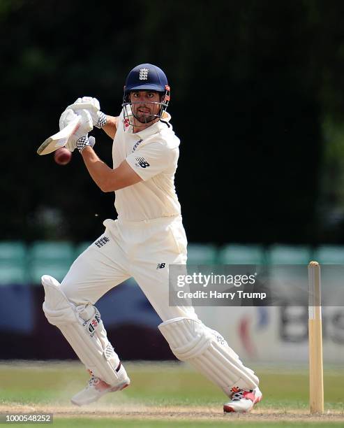 Alastair Cook of England Lions bats during Day Two of the Tour Match match between England Lions and India A at New Road on July 17, 2018 in...