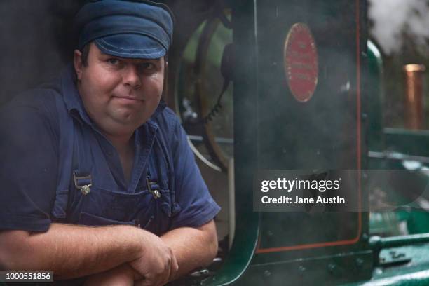 steam train driver, west coast wilderness railway, tasmania, australia. - train driver stock pictures, royalty-free photos & images