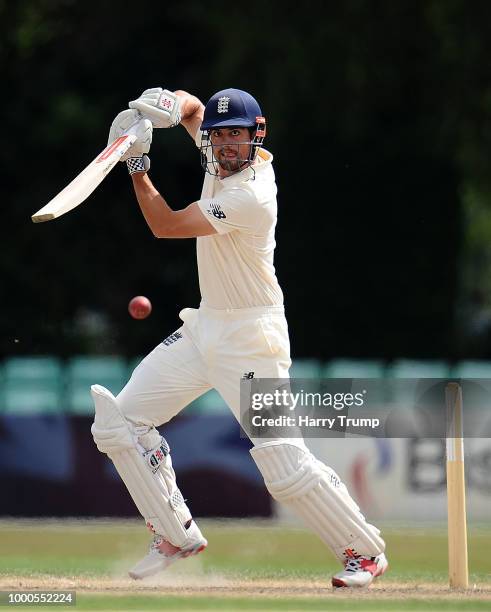 Alastair Cook of England Lions bats during Day Two of the Tour Match match between England Lions and India A at New Road on July 17, 2018 in...