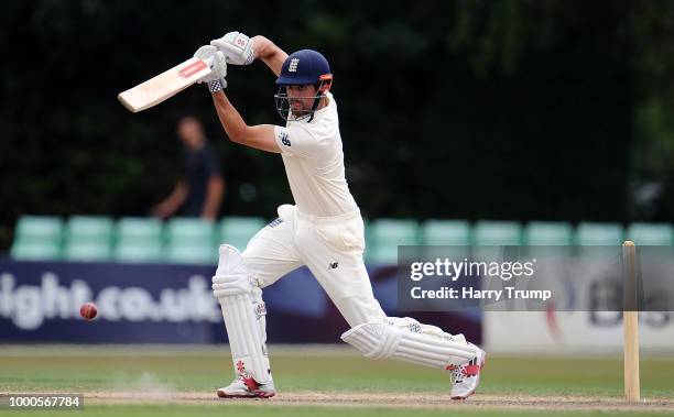 Alastair Cook of England Lions bats during Day Two of the Tour Match match between England Lions and India A at New Road on July 17, 2018 in...