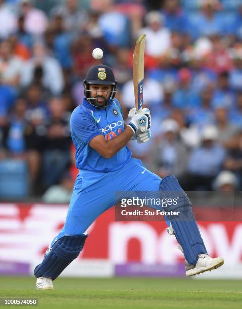 India batsman Rohit Sharma cuts a ball during 3rd ODI Royal London One Day match between England and India at Headingley on July 17, 2018 in Leeds,...