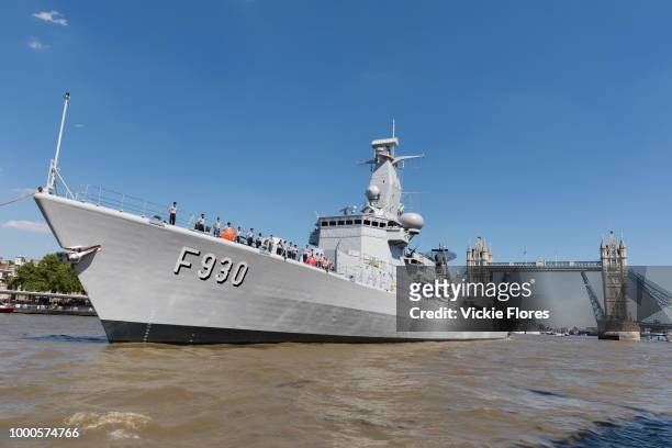 The Belgian Frigate Leopold I of the Belgian Navy leaving London under Tower Bridge on the River Thames following a London visit on July 15, 2018 in...