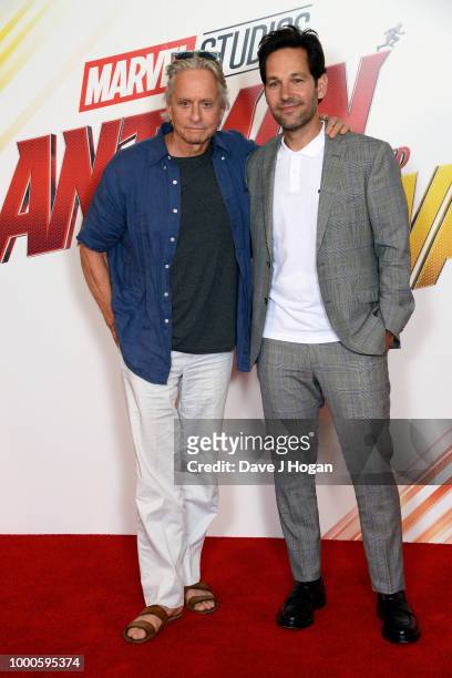 Michael Douglas and Paul Rudd attend the "Ant-Man and the Wasp" photocall at The Corinthia Hotel on July 17, 2018 in London, England.
