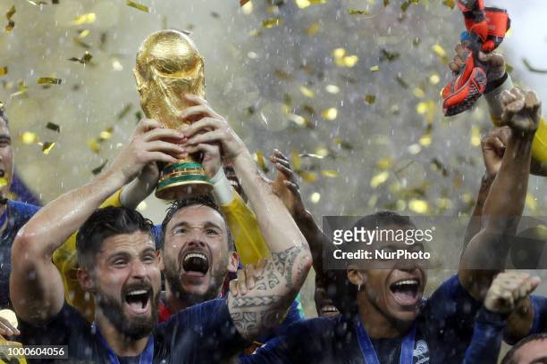 Kylian Mbappe, Hugo Lloris, Olivier Giroud during Russia 2018 World Cup final football match between France and Croatia at the Luzhniki Stadium in...