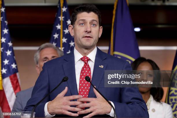 Speaker of the House Paul Ryan and fellow House Republican leaders hold a news conference following their weekly caucus meeting at the U.S. Capitol...