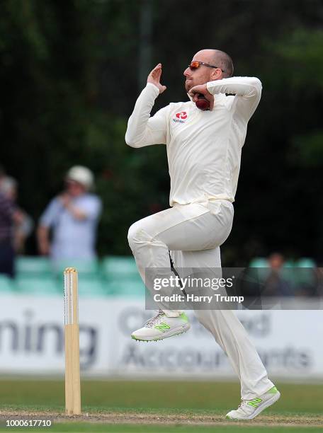 Jack Leach of England Lions during Day Two of the Tour Match match between England Lions and India A at New Road on July 17, 2018 in Worcester,...