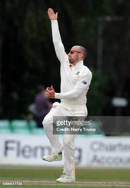 Jack Leach of England Lions during Day Two of the Tour Match match between England Lions and India A at New Road on July 17, 2018 in Worcester,...