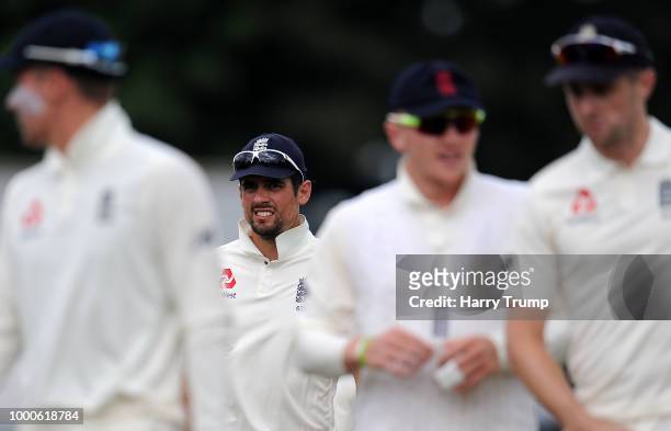 Alastair Cook of England Lions looks on during Day Two of the Tour Match match between England Lions and India A at New Road on July 17, 2018 in...