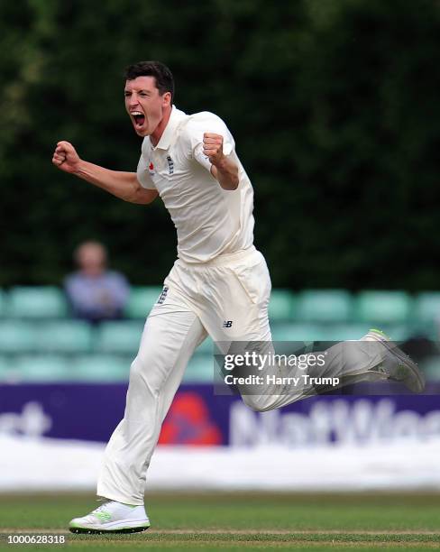 Matthew Fisher of England Lions celebrates the wicket of Karun Nair of India A during Day Two of the Tour Match match between England Lions and India...