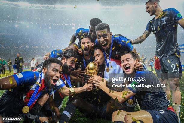 France players celebrate winning the World Cup following the 2018 FIFA World Cup Final between France and Croatia at Luzhniki Stadium on July 15,...