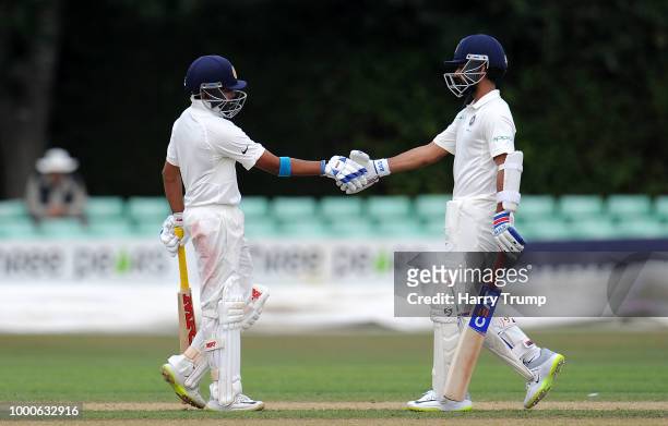 Prithvi Shaw of India A celebrates his half century during Day Two of the Tour Match match between England Lions and India A at New Road on July 17,...