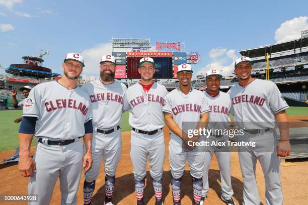 Yan Gomes, Corey Kluber, Trevor Bauer, Francisco Lindor, Jose Ramirez, and Michael Brantley of the Cleveland Indians pose for a photo during the...