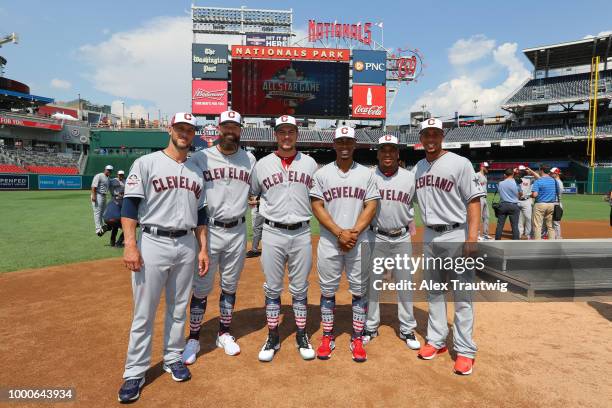 Yan Gomes, Corey Kluber, Trevor Bauer, Francisco Lindor, Jose Ramirez, and Michael Brantley of the Cleveland Indians pose for a photo during the...
