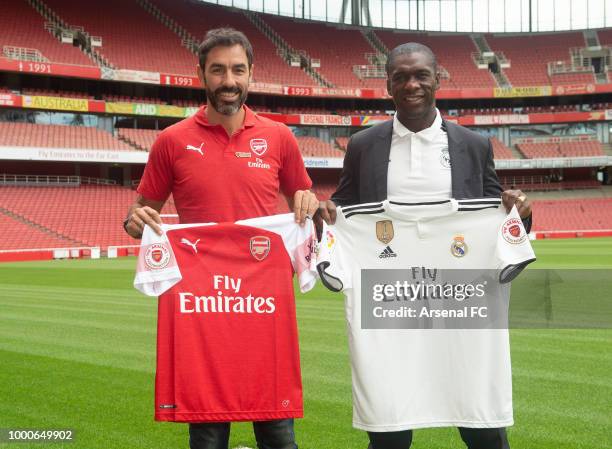 Robert Pires and Clarence Seedorf at Emirates stadium to promote the Arsenal Legends v Real Madrid Legends match on July 17, 2018 in London, England.