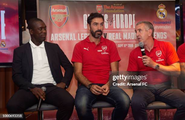 Clarence Seedorf, Robert Pires and Nigel Winterburn at Emirates Stadium to promote the Arsenal Legends v Real Madrid Legends match on July 17, 2018...