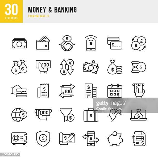 illustrazioni stock, clip art, cartoni animati e icone di tendenza di money & banking - set di icone vettoriali di linea - finanza
