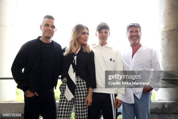 Robbie Williams, Ayda Field, Louis Tomlinson and Simon Cowell during The X Factor 2018 launch at Somerset House on July 17, 2018 in London, England.