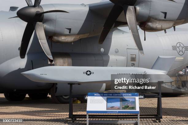 The propellers of a C-130 Hercules and a Lockheed Martin JASSM cruise missile exhibit at the Farnborough Airshow, on 16th July 2018, in Farnborough,...