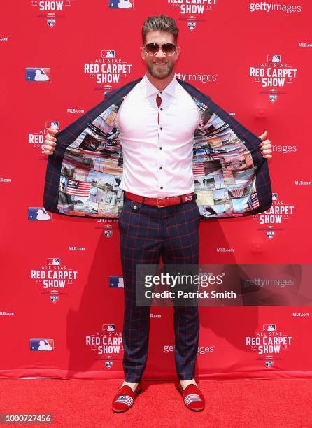 Bryce Harper of the Washington Nationals and the National League attends the 89th MLB All-Star Game, presented by MasterCard red carpet at Nationals...