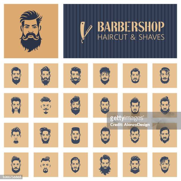 illustrazioni stock, clip art, cartoni animati e icone di tendenza di icone barbershop - baffo peluria del viso
