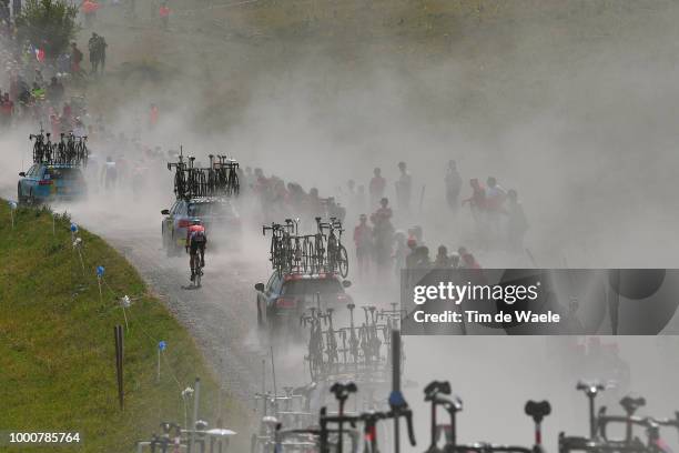 Thomas De Gendt of Belgium and Team Lotto Soudal / Col Des Glières / Dust / Fans / Public / Landscape / Silhouet / Car Caravan / during the 105th...