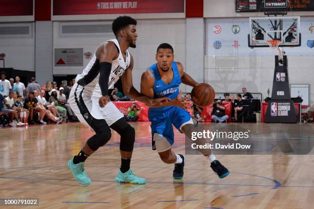 Phil Pressey of the Oklahoma City Thunder handles the ball against the Brooklyn Nets during the 2018 Las Vegas Summer League on July 7, 2018 at the...