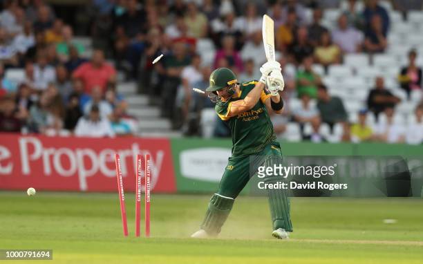 Riki Wessels Nottinghamshire is bowled by Chris Rushworth during the Vitality Blast match between Nottinghamshire Outlaws and Durham Jets at Trent...