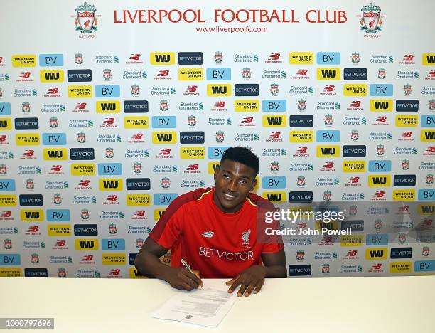 Taiwo Awoniyi signs a contract extension for Liverpool F.C. At Melwood Training Ground on July 17, 2018 in Liverpool, England.