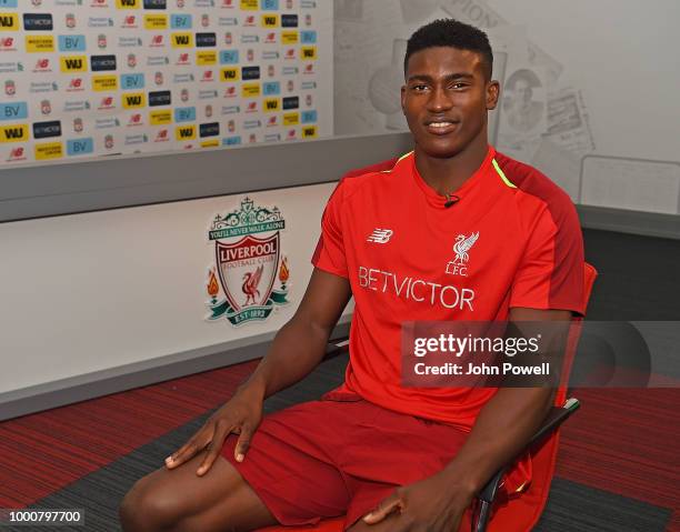 Taiwo Awoniyi signs a contract extension for Liverpool F.C. At Melwood Training Ground on July 17, 2018 in Liverpool, England.