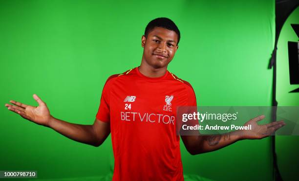 Rhian Brewster of Liverpool after signing a contract extension on July 17, 2018 in Liverpool, England.