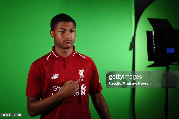Rhian Brewster of Liverpool after signing a contract extension on July 17, 2018 in Liverpool, England.
