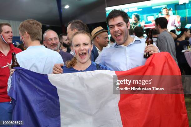 Fans enjoy Screening of Fifa World Cup final between France and Croatia at French Embassy on July 15, 2018 in New Delhi, India.