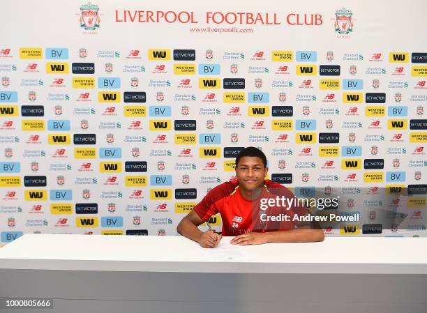 Rhian Brewster of Liverpool signing a contract extension on July 17, 2018 in Liverpool, England.