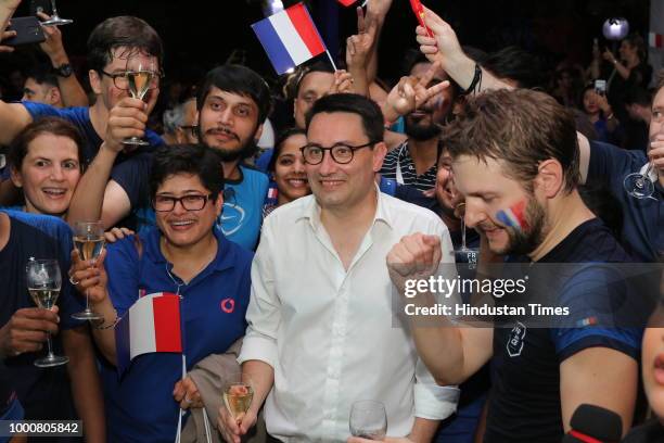 French Ambassador Alexandre Ziegler with fans during screening of Fifa World Cup final between France and Croatia at French Embassy on July 15, 2018...