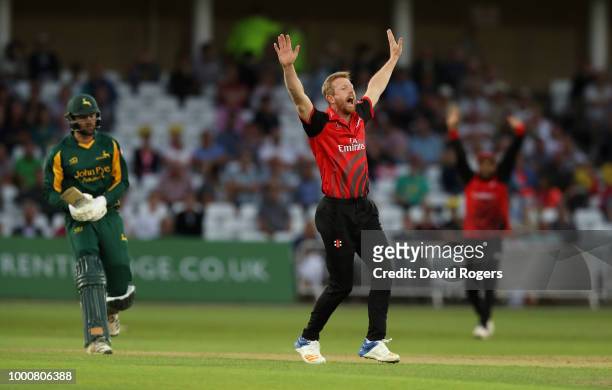 Paul Collingwood of Durham celebrates after trapping Will Fraine LBW during the Vitality Blast match between Nottinghamshire Outlaws and Durham Jets...