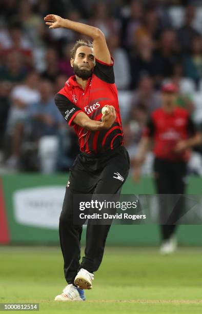 Imran Tahir of Durham bowls during the Vitality Blast match between Nottinghamshire Outlaws and Durham Jets at Trent Bridge on July 17, 2018 in...
