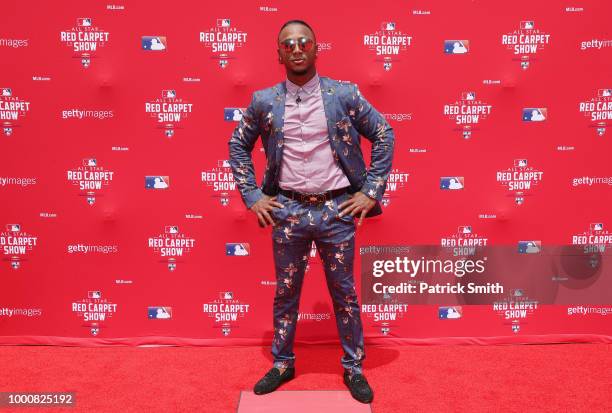 Ozzie Albies of the Atlanta Braves and the National League attends the 89th MLB All-Star Game, presented by MasterCard red carpet at Nationals Park...