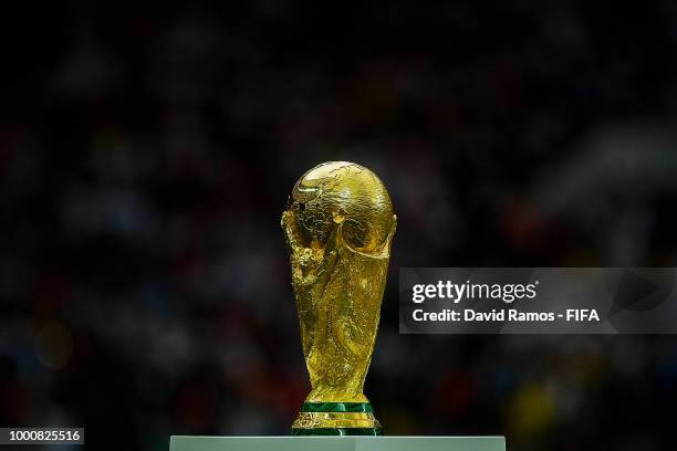 The World Cup Trophy is seen during the 2018 FIFA World Cup Russia Final between France and Croatia at Luzhniki Stadium on July 15, 2018 in Moscow,...