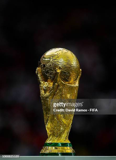 The World Cup Trophy is seen during the 2018 FIFA World Cup Russia Final between France and Croatia at Luzhniki Stadium on July 15, 2018 in Moscow,...