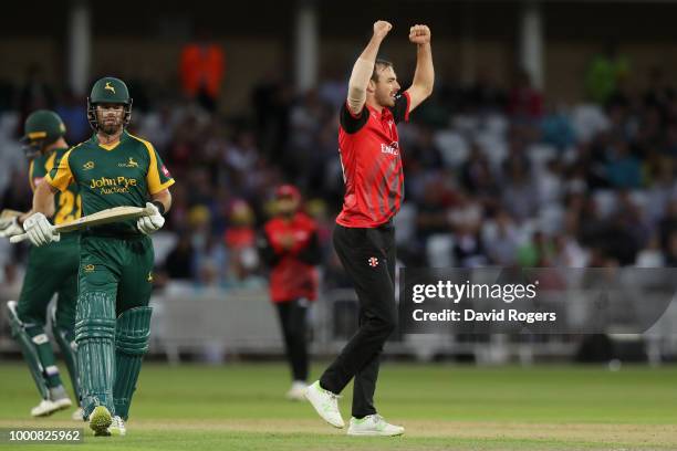 James Weighell of Durham celebrates after taking the wicket of Dan Christian during the Vitality Blast match between Nottinghamshire Outlaws and...