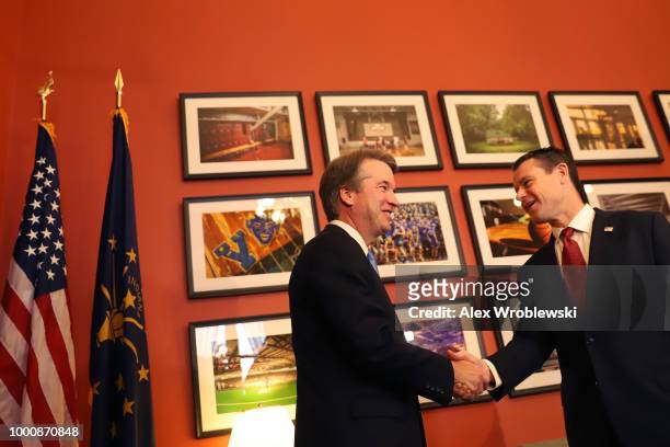 Supreme Court nominee Judge Brett Kavanagh meets with Sen. Todd Young on Capitol Hill on July 17, 2018 in Washington, DC. Kavanaugh is meeting with...
