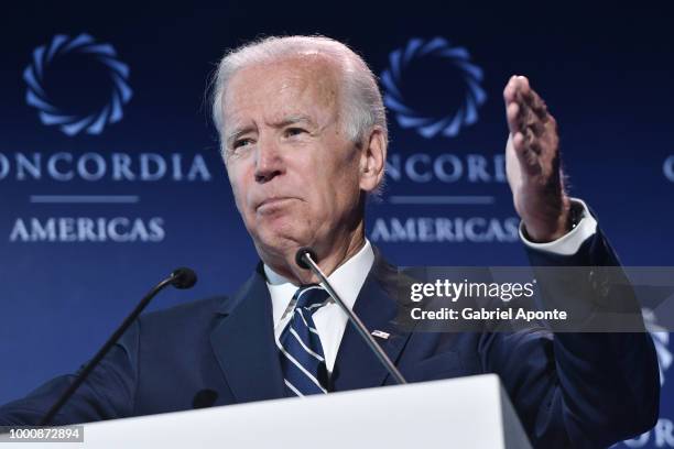 Former Vice president of the United States Joe Biden speaks during the 2018 Concordia Americas Summit day 2 at Agora Bogota Convention Center on July...