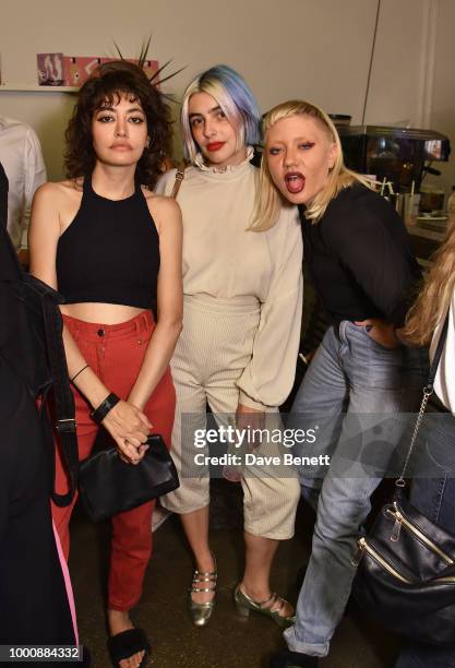 Wafah Dufour, Melia Beaudoin and Celeste Guinness attend the Bleach Summer Party at Protein Studios on July 17, 2018 in London, England.