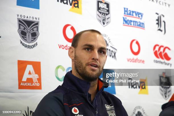 Simon Mannering of the Warriors speaks during a press conference to announce his retirement at Mt Smart Stadium on July 18, 2018 in Auckland, New...