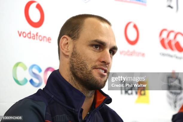 Simon Mannering of the Warriors speaks during a press conference to announce his retirement at Mt Smart Stadium on July 18, 2018 in Auckland, New...