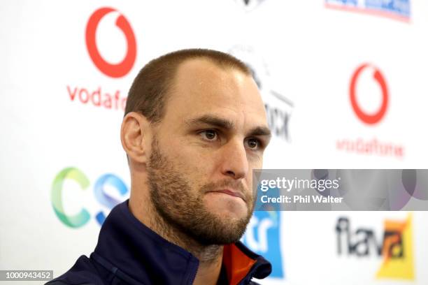 Simon Mannering of the Warriors speaks during a press conference to announce his retirement at Mt Smart Stadium on July 18, 2018 in Auckland, New...